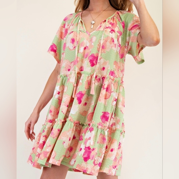 Easel Floral Knit Popcorn Tiered Dress #496-501 - Picture 3 of 12